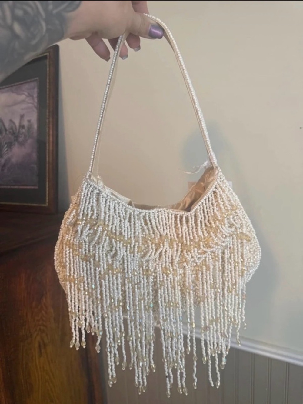 Beaded Fringe Evening Bag - Ivory/Gold